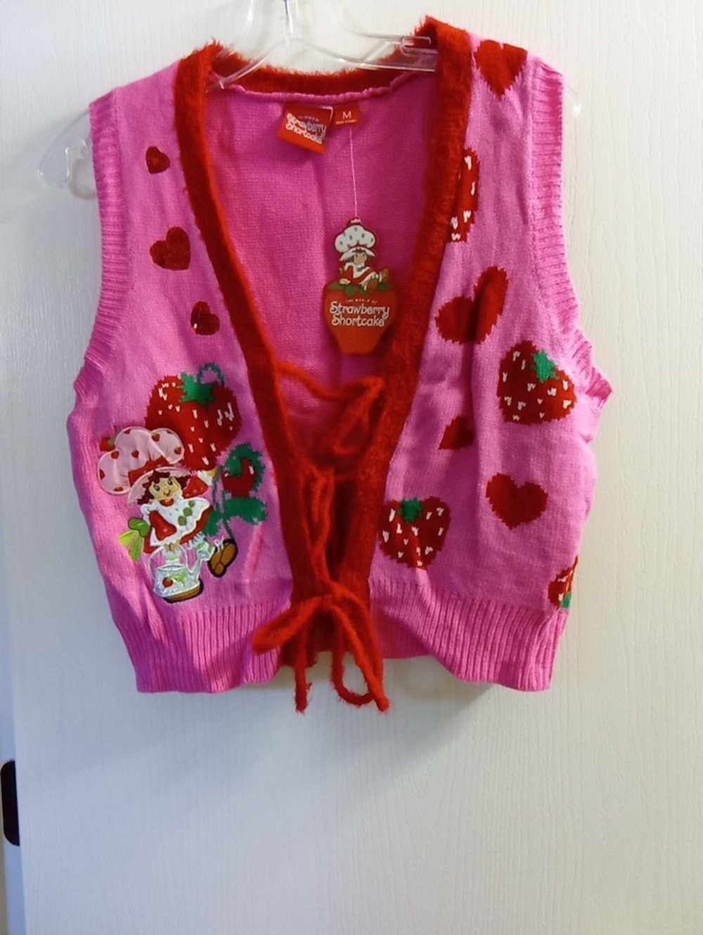 Strawberry-Themed Pink Knit Vest with Red Trim